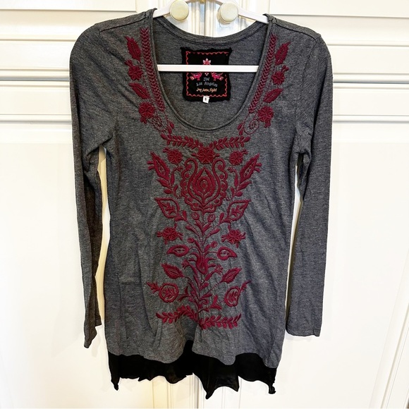 Johnny Was Women’s Boho Grey Long Sleeve Stretch Embroidered Tunic Tee Shirt S - Picture 2 of 9